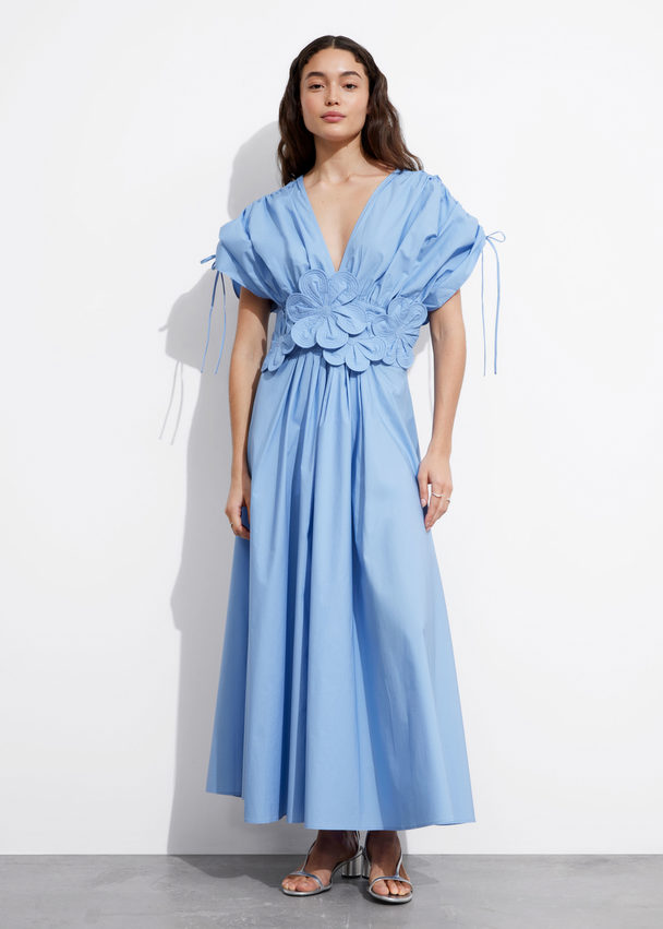 & Other Stories Floral Appliqué Midi Dress Light Blue