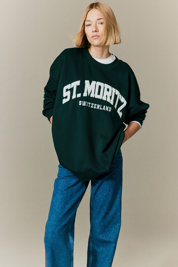 H&M Sweatshirt Med Tryk Mørkegrøn/st. Moritz