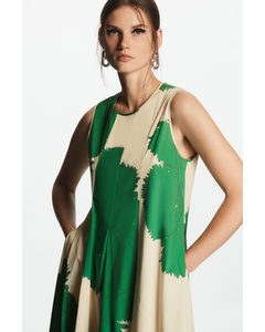 Pleated A-line Midi Dress Cream / Green