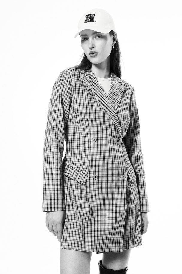 H&M Double-breasted Blazer Dress Beige/checked