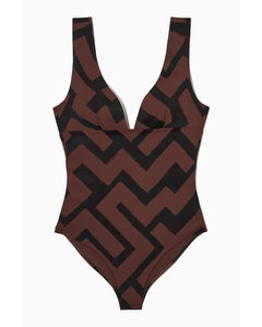 Open-back Plunge Swimsuit Brown / Printed