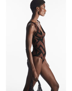 Open-back Plunge Swimsuit Brown / Printed