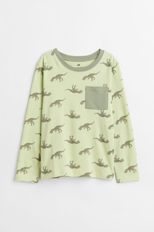 H&M Pocket-detail Jersey Top Light Green/dinosaur