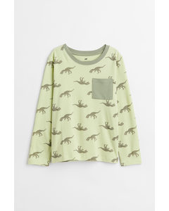 Jerseyshirt mit Brusttasche Hellgrün/Dinosaurier