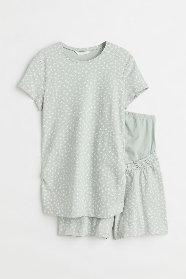 H&M Mama 2-delt Sett Med T-shirt Og Shorts Lys Grønn/småblomstret