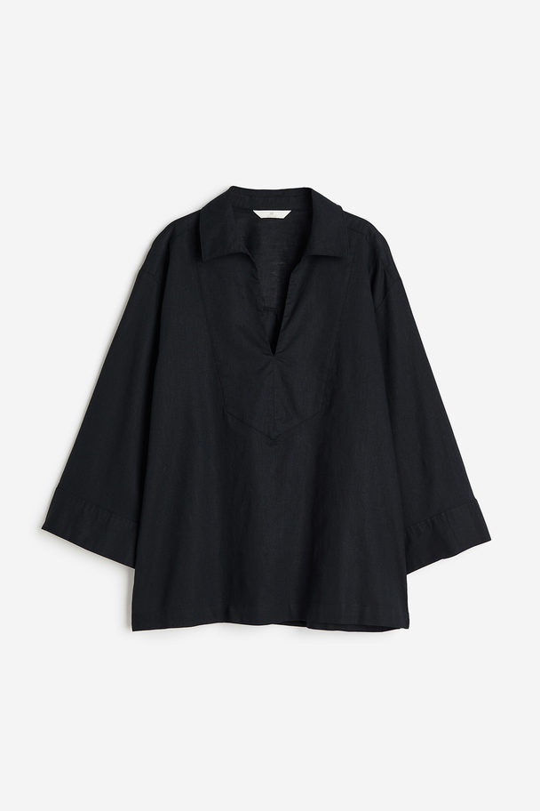H&M Linen-blend Popover Shirt Black