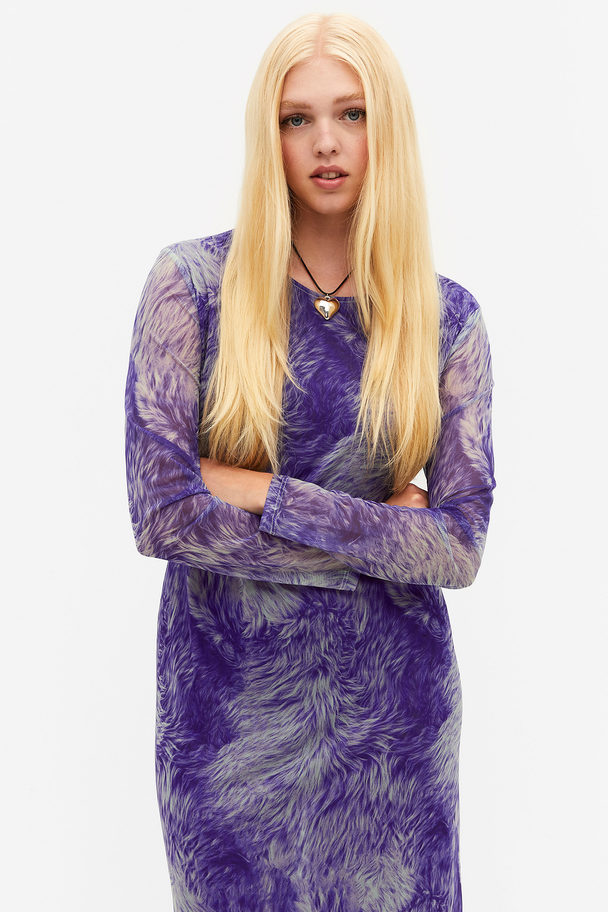 Monki Long Mesh Dress Purple Fur Print