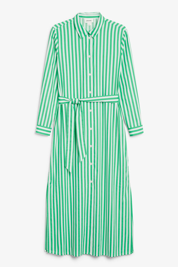 Monki Green Striped Long Belted Shirt Dress Green Stripes