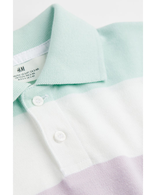 H&M Cotton Piqué Polo Shirt Light Turquoise/striped