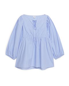 Popeline-Bluse mit Puffärmeln Blau/Weiß
