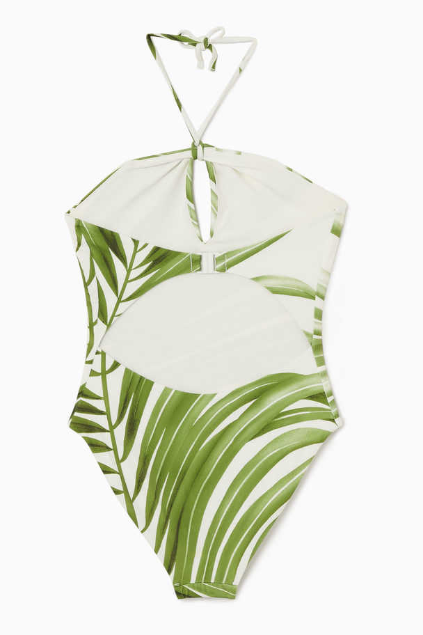 COS Halterneck Cutout Swimsuit Green / White