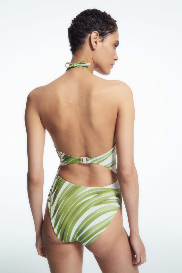 COS Halterneck Cutout Swimsuit Green / White