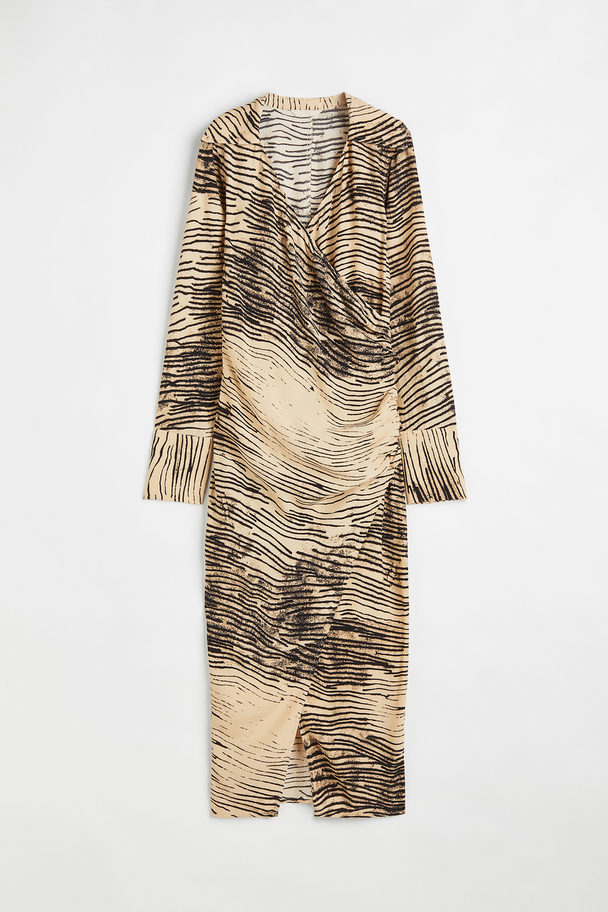 H&M Long Wrapover Dress Light Beige/patterned