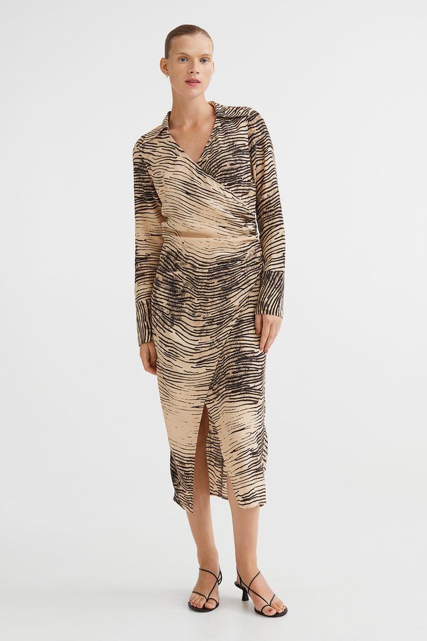 H&M Long Wrapover Dress Light Beige/patterned