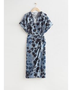 Printed Midi Wrap Dress Blue Florals