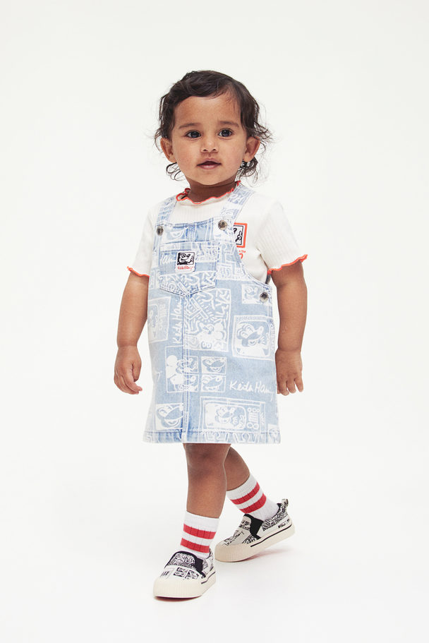 H&M Patterned Dungaree Dress Light Denim Blue