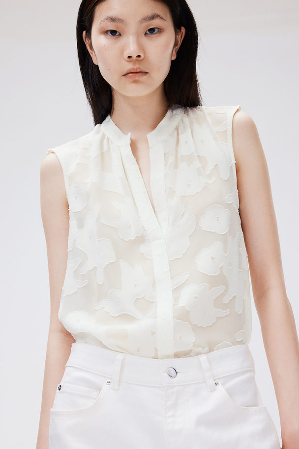 H&M Jacquard-weave Sleeveless Blouse White