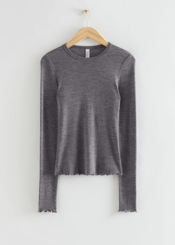 & Other Stories Fitted Frill Wool Top Dark Grey