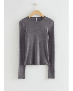 Fitted Frill Wool Top Dark Grey