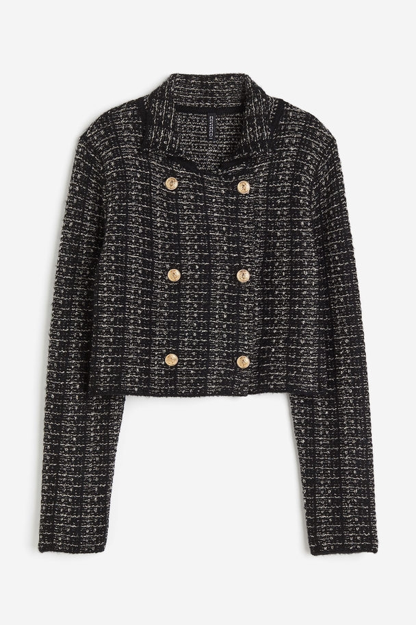 H&M Textured-knit Double-breasted Cardigan Black/checked