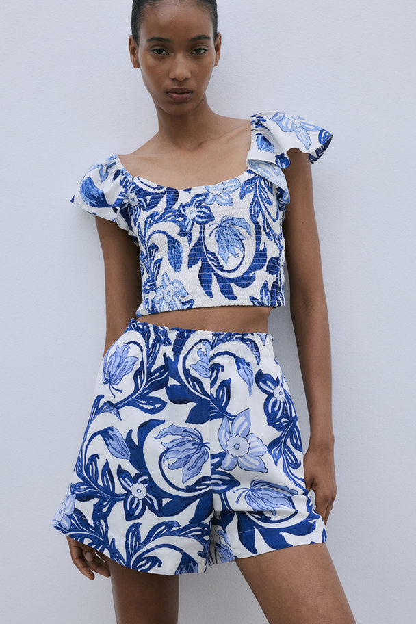 H&M Smocked Cropped Top White/blue Floral