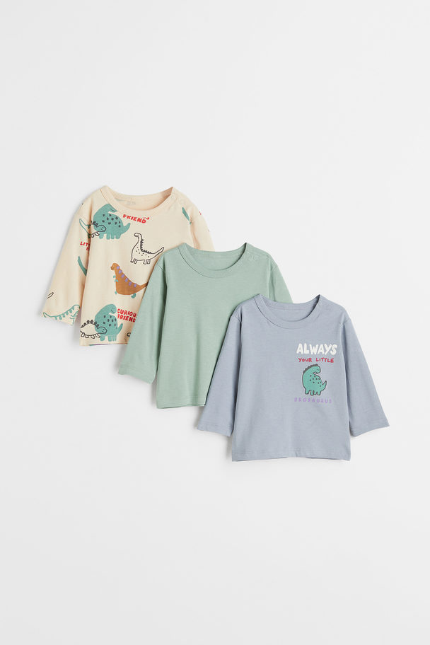 H&M Set Van 3 Tricot Shirts Met Lange Mouwen Lichtbeige/dinosaurussen