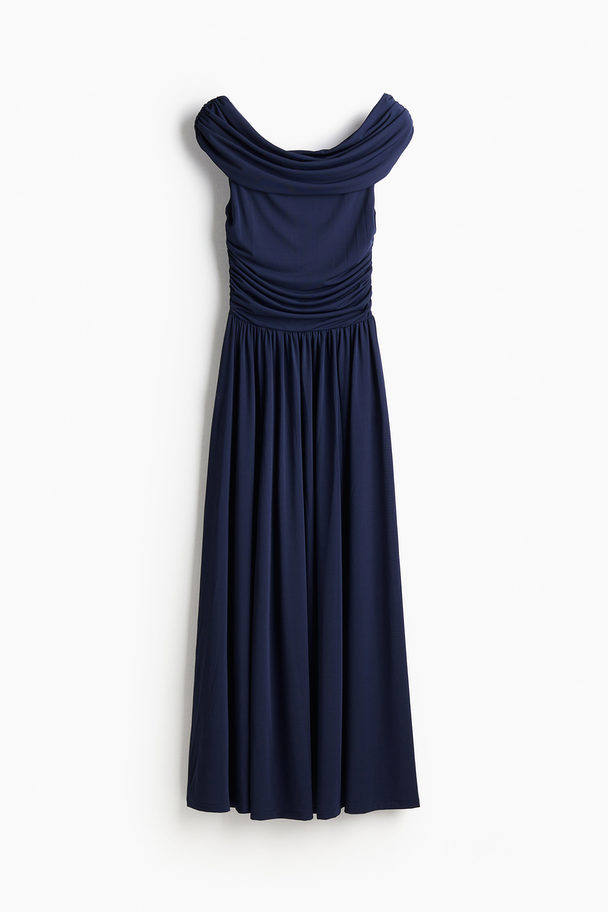 H&M Drapert Off Shoulder-kjole Marineblå