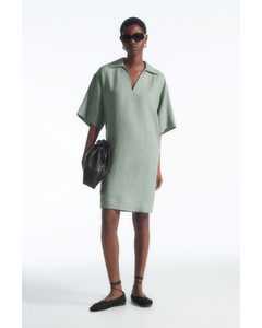 Open-collar Linen Shirt Dress Sage Green