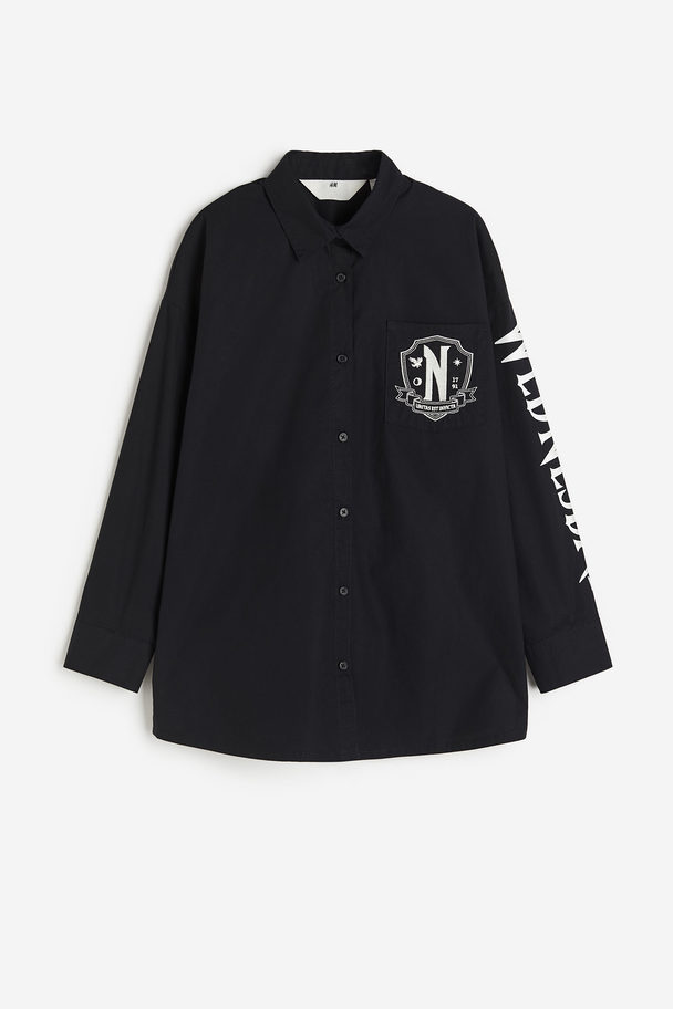 H&M Printed Cotton Shirt Black/wednesday