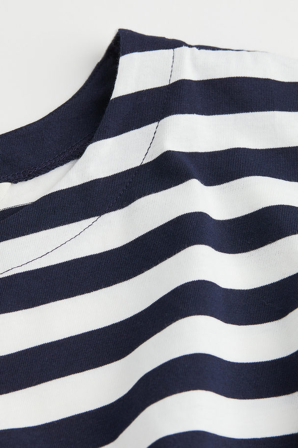 H&M Long-sleeved Cotton Dress Dark Blue/white Striped