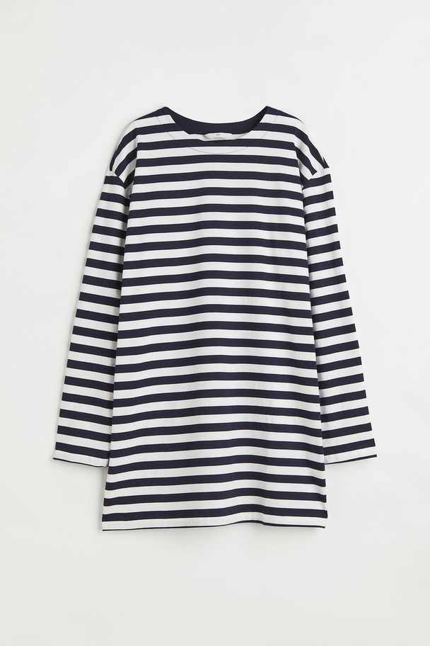 H&M Long-sleeved Cotton Dress Dark Blue/white Striped