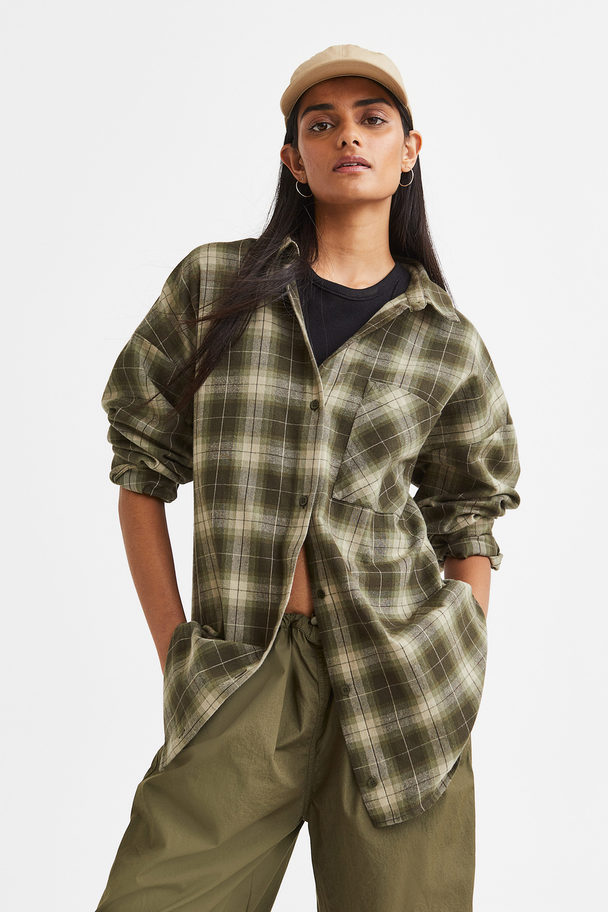 H&M Oversized Flannel Shirt Dark Khaki Green/checked