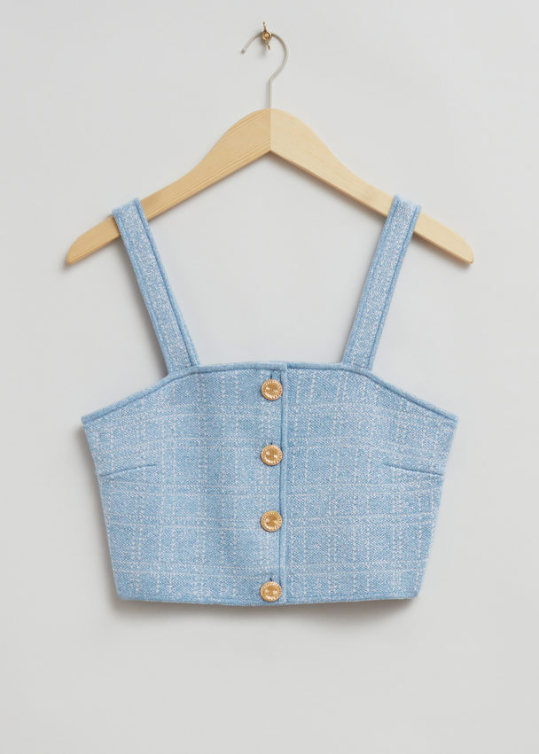 & Other Stories Tweed Knit Buttoned Bustier Top Light Blue