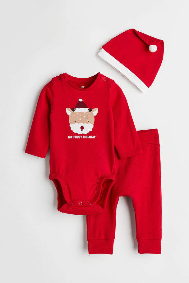 H&M 3-piece Cotton Set Red/my First Holiday