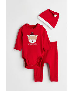 3-piece Cotton Set Red/my First Holiday
