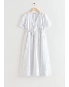 Scalloped Embroidered Midi Dress White