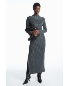 Striped Ribbed-knit Midi Dress Blue