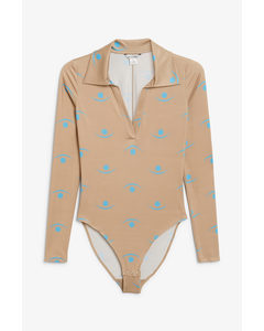 Polo Collar Bodysuit With Blue Pattern Dusty Beige With Blue Pattern