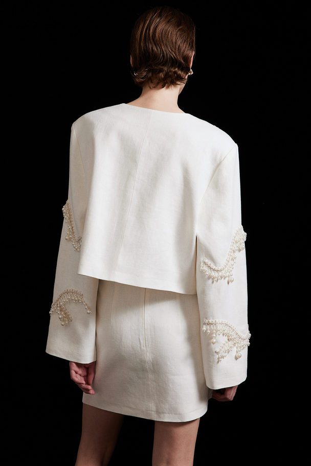 H&M Bead-embellished Linen Skirt White