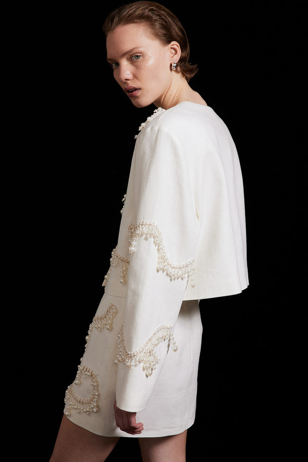 H&M Bead-embellished Linen Skirt White