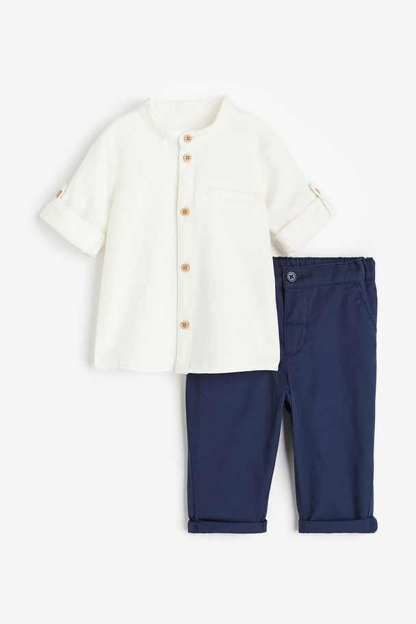 H&M 2-delt Sæt Med Skjorte Og Bukser Hvid/marineblå