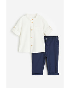 2-piece Shirt And Trousers Set White/navy Blue