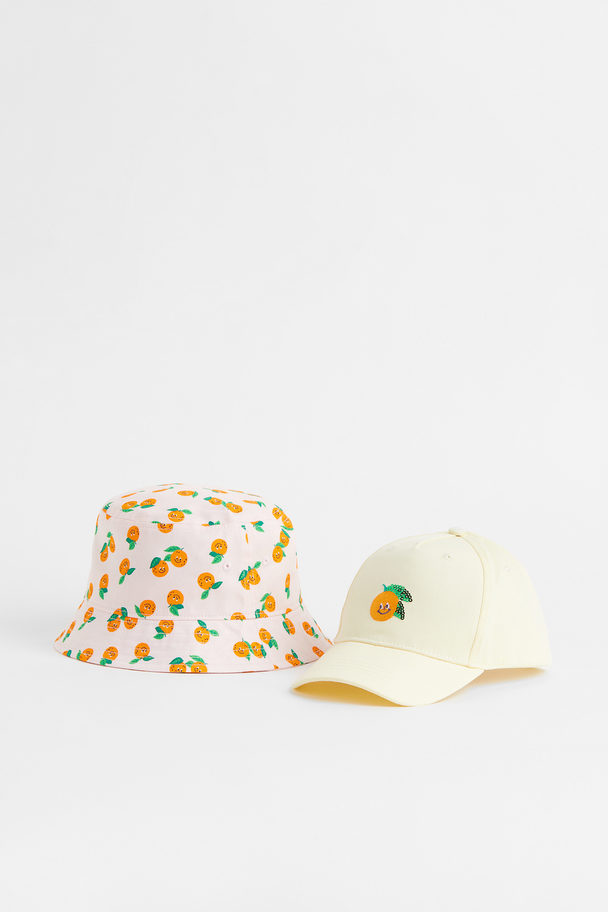 H&M 2-piece Cap And Bucket Hat Set Light Yellow/oranges