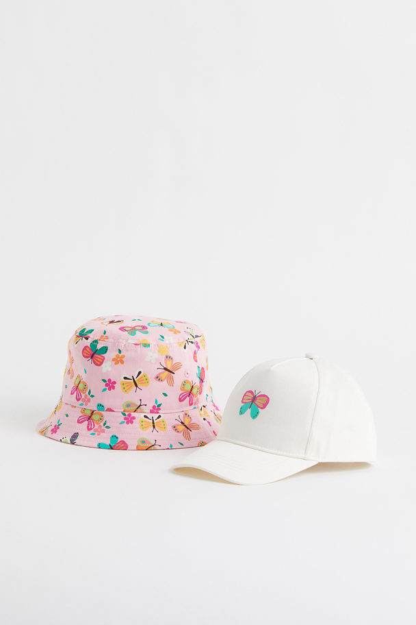 H&M 2-piece Cap And Bucket Hat Set Natural White/butterflies