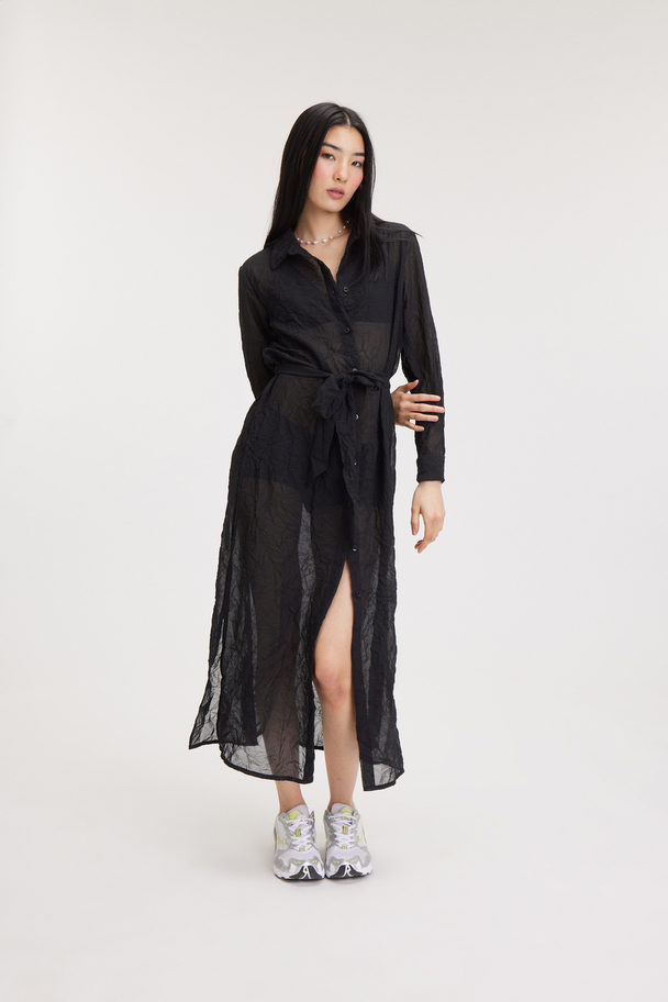 Monki Textured Midi Shirt Dress Black