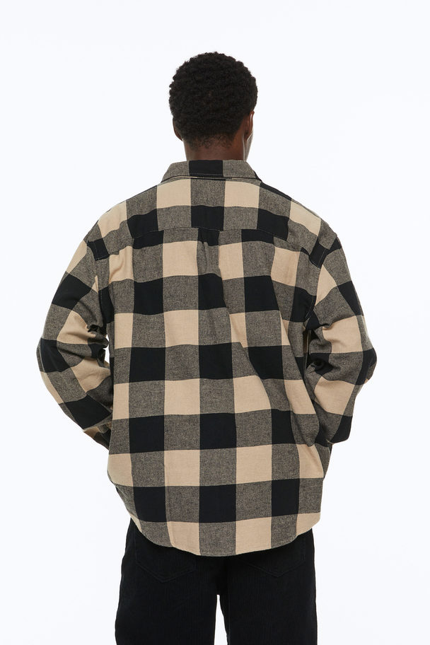 H&M Relaxed Fit Flannel Shirt Beige/black
