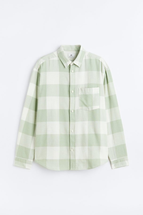 H&M Relaxed Fit Flannel Shirt Green/white Checked
