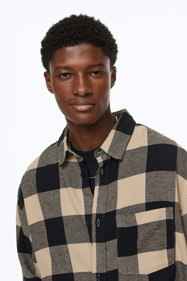 H&M Relaxed Fit Flannel Shirt Beige/black