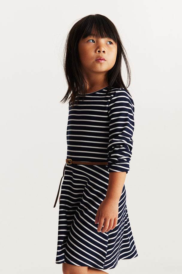 H&M Long-sleeved Jersey Dress Navy Blue/striped
