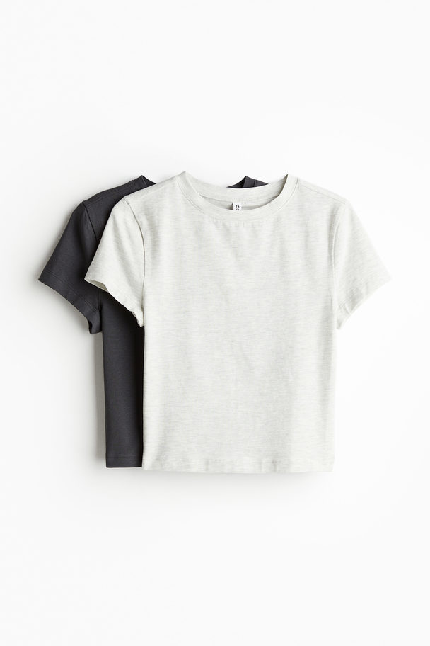 H&M 2-pack Croppad T-shirt Ljusgråmelerad/mörkgrå